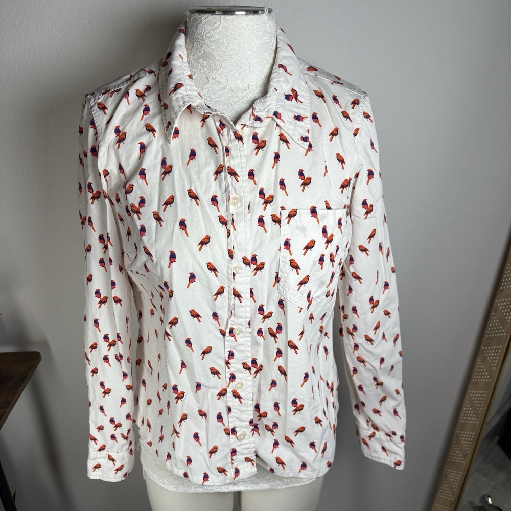 Gap Women S White Bird Print Button Up Shirt The Fitted Boyfriend Cotton